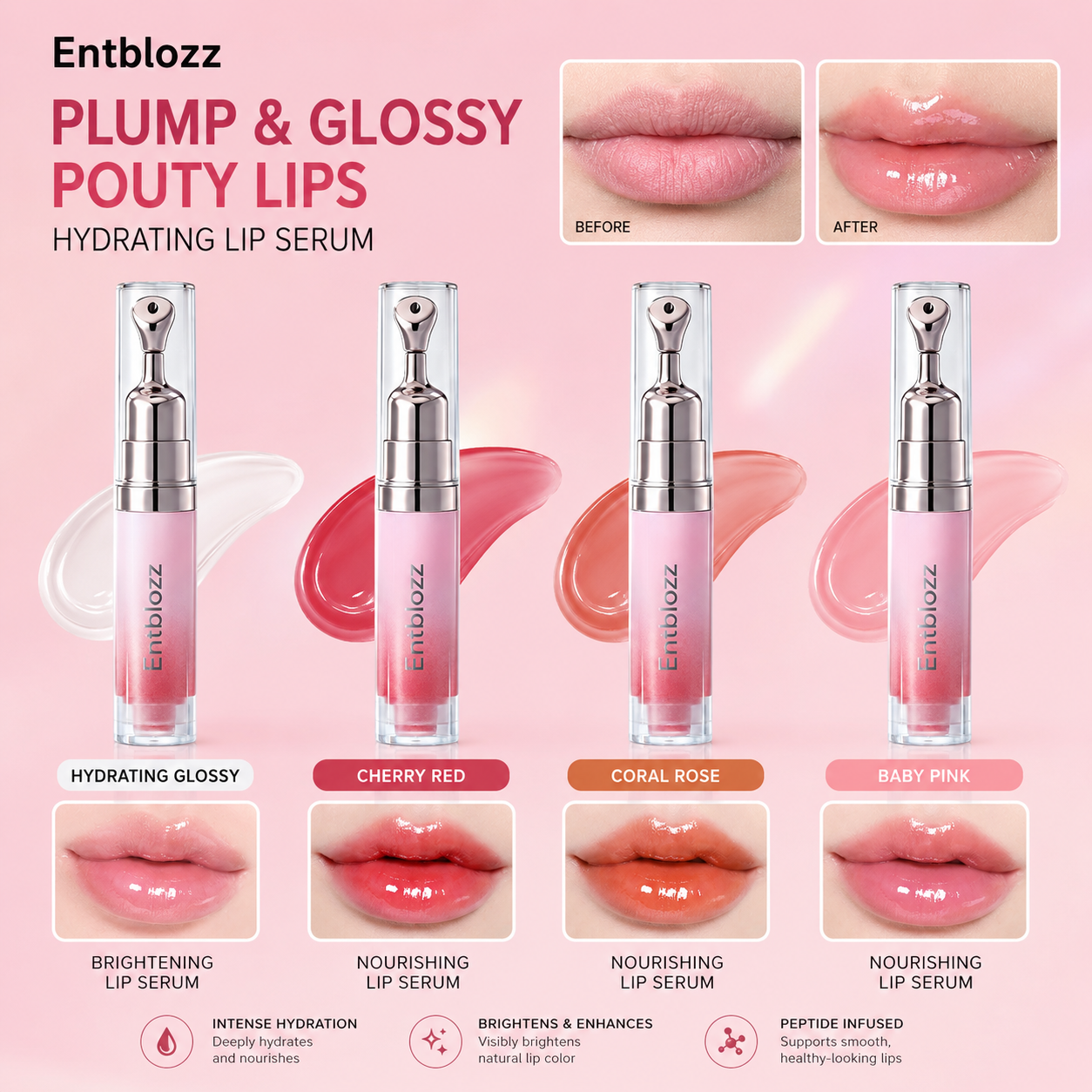 💖Entblozz®Peptide Brightening Lip Serum – Hydrating, Smooth, Glossy Tint for Fuller, Soft Lips